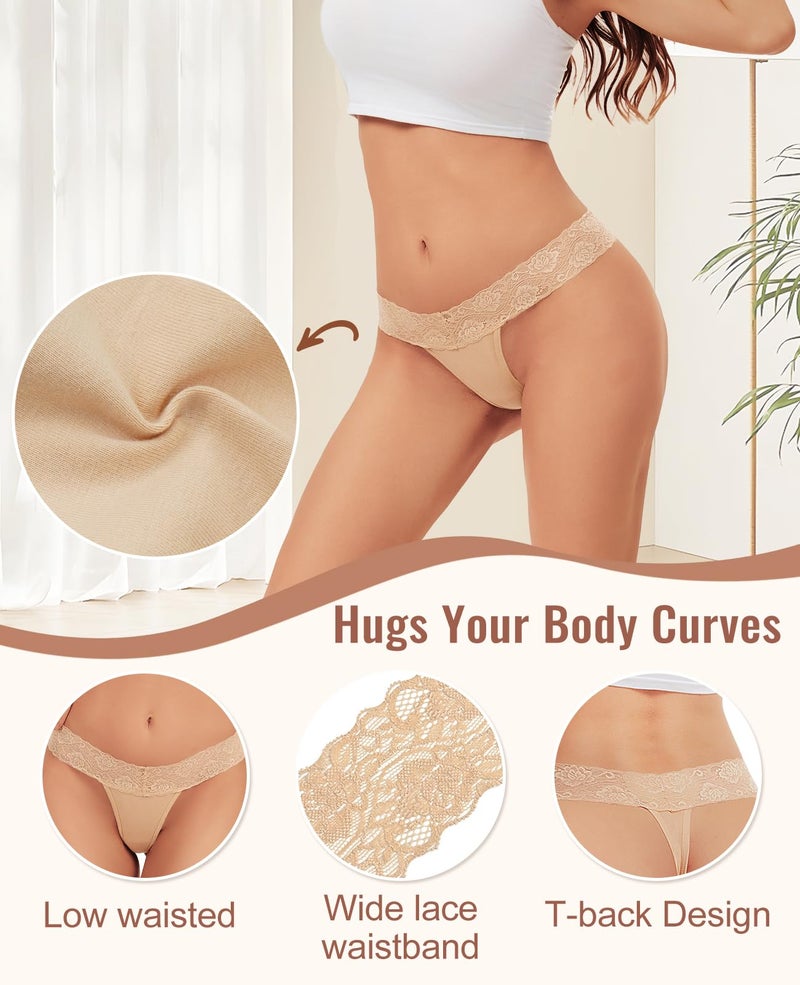 Sunm Boutique Lace Thongs for Women, Cotton Womens Underwear Pack, Sexy Low Rise T Back Cheeky Panties (6 Pack, X-Large, Neutral Multicolor) - Image 3